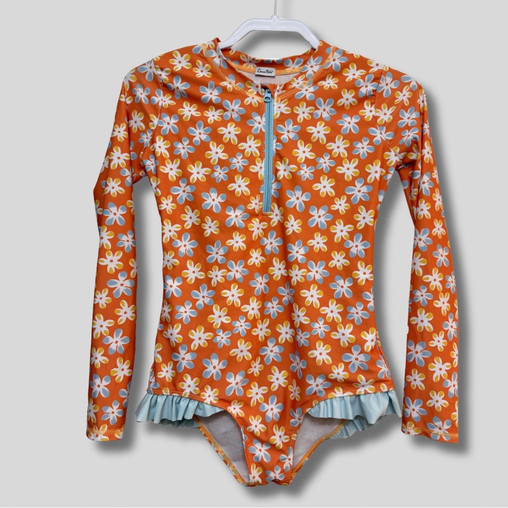 Danna Belle Orange Floral Girl’s Long Sleeve Rash Guard Swimwear